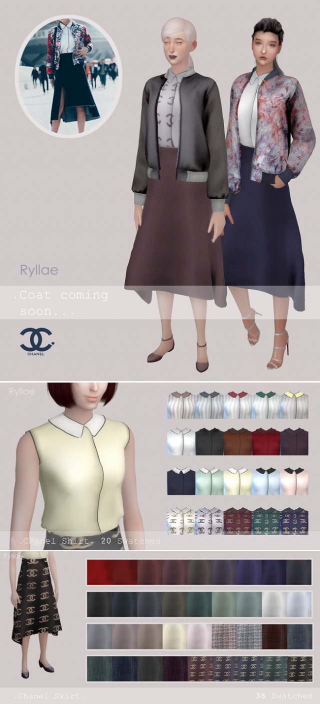 Sims 4 Ryllae Юбка и блузка без рукавов Chanel Shirt & Skirt by Ryllae - Женская ...