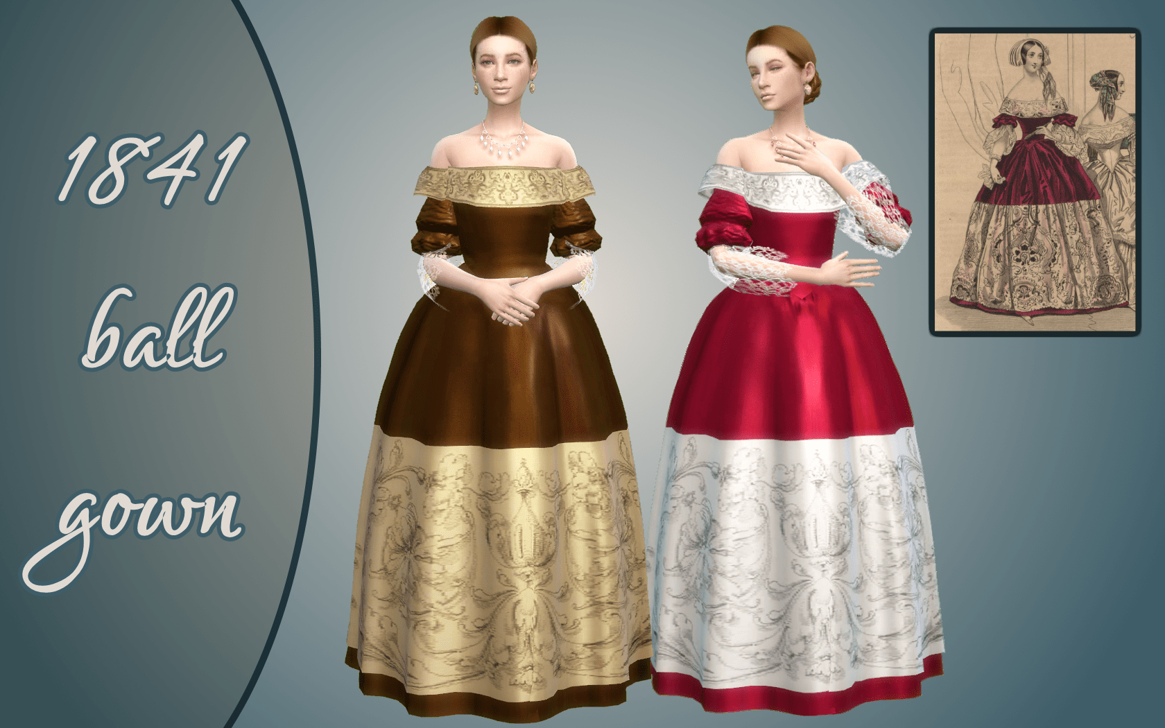 Бальное платье 1841 года от vintagesimstress для Симс 4
