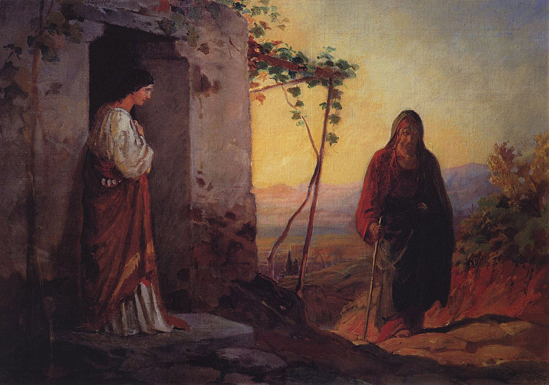 Мария, сестра Лазаря, встречает Иисуса Христа, идущего к ним в дом, 1864.jpg
