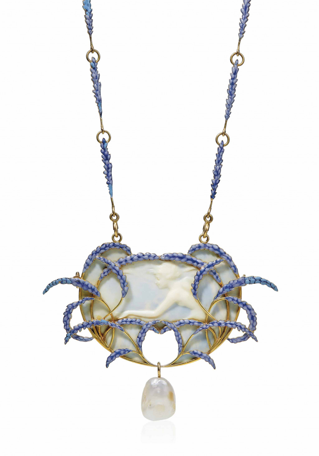 AN ART NOUVEAU GALALITH, ENAMEL AND PEARL PENDENT NECKLACE, BY REN? LALIQUE 1.jpg