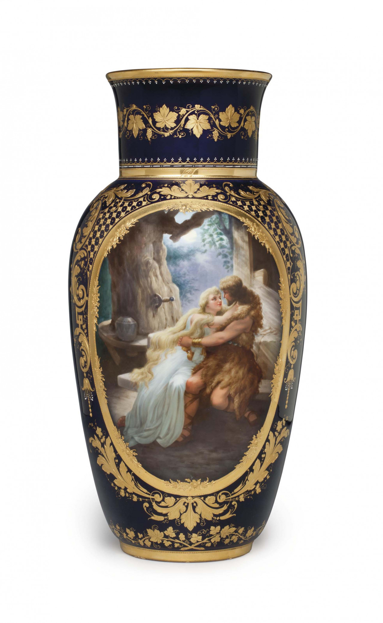 A VIENNA STYLE PORCELAIN COBALT-BLUE GROUND VASE, 'SIEGMUND UND SIEGLINDE.jpg