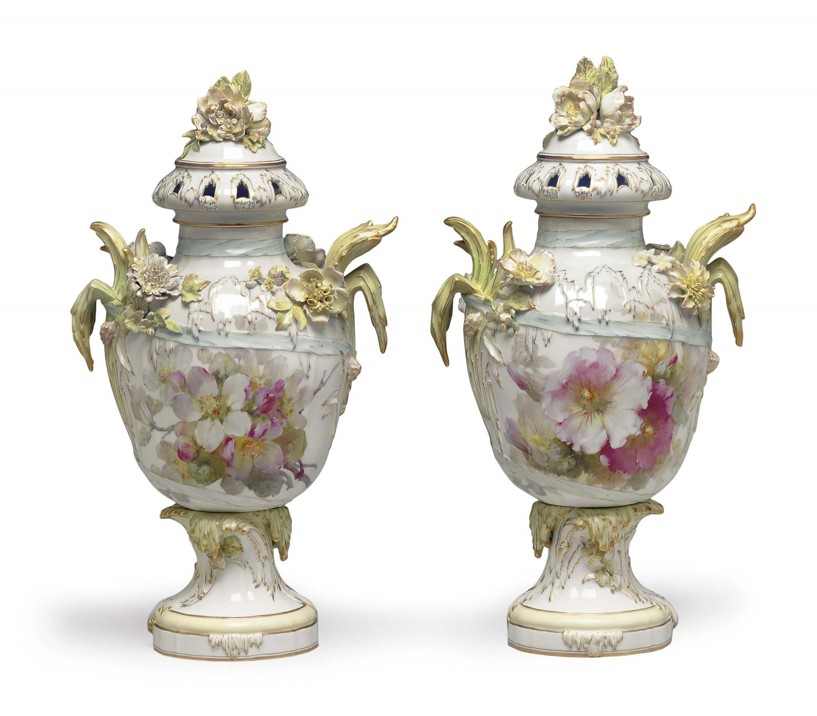 A PAIR BERLIN (K.P.M.) PORCELAIN FLOWER-ENCRUSTED POT-POURRI VASES AND COVERS.jpg