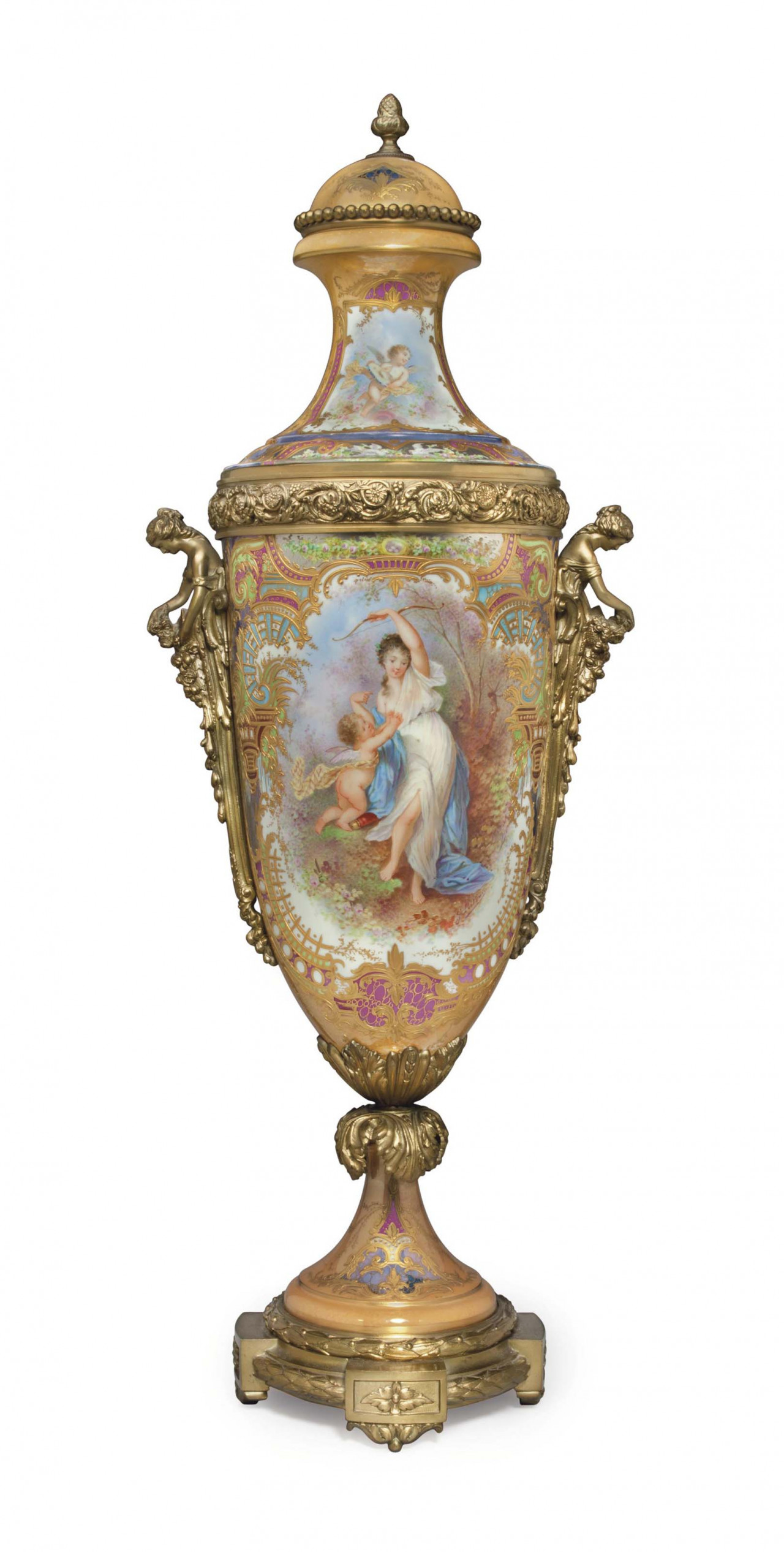 AN ORMOLU-MOUNTED SEVRES STYLE PORCELAIN IRIDESCENT-APRICOT GROUND VASE AND COVER.jpg