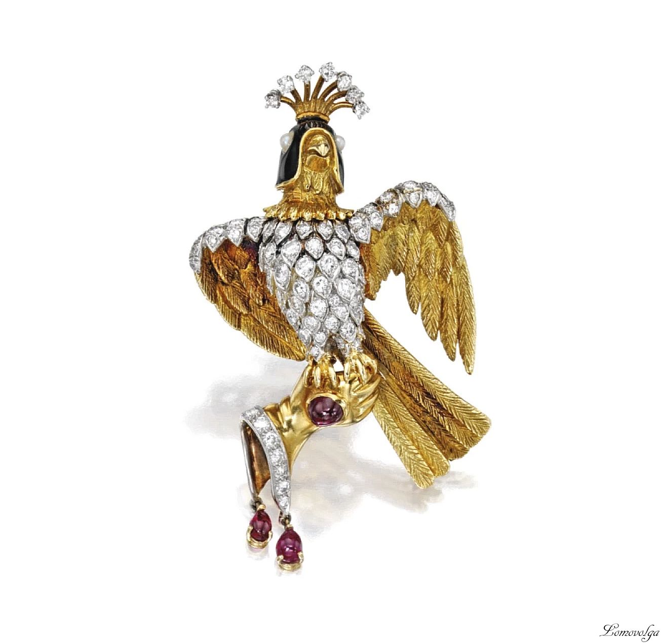 18 Karat Gold, Platinum, Diamond, Ruby, Cultured Pearl and Enamel Brooch, Verdura.jpg