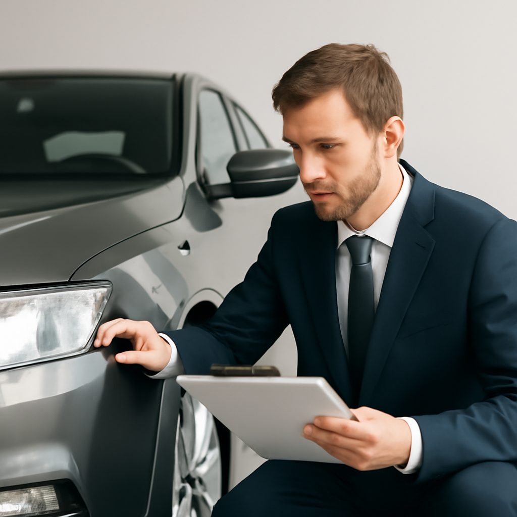 Специалист проводит осмотр автомобиля для выкупа