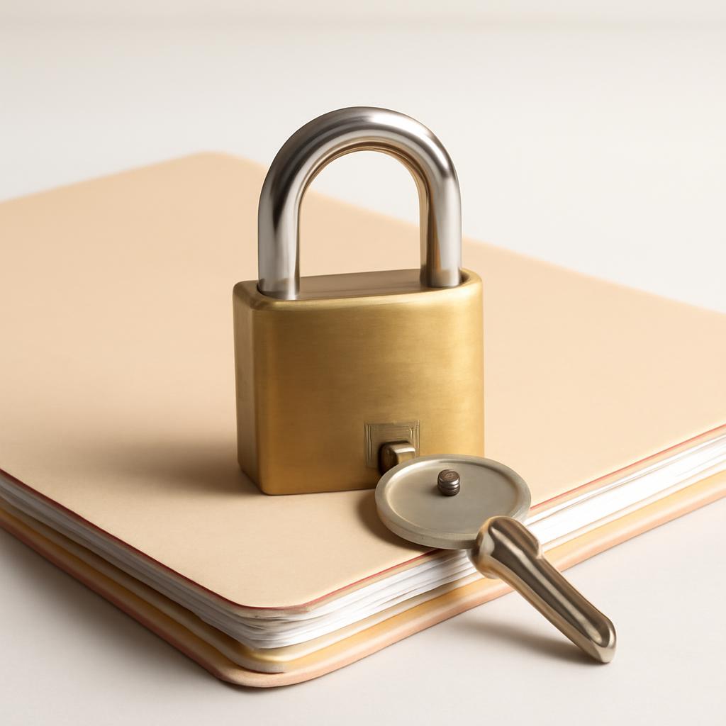 Замок с ключом на папке с документами, символизирующий защиту коммерческой тайны и ноу-хау