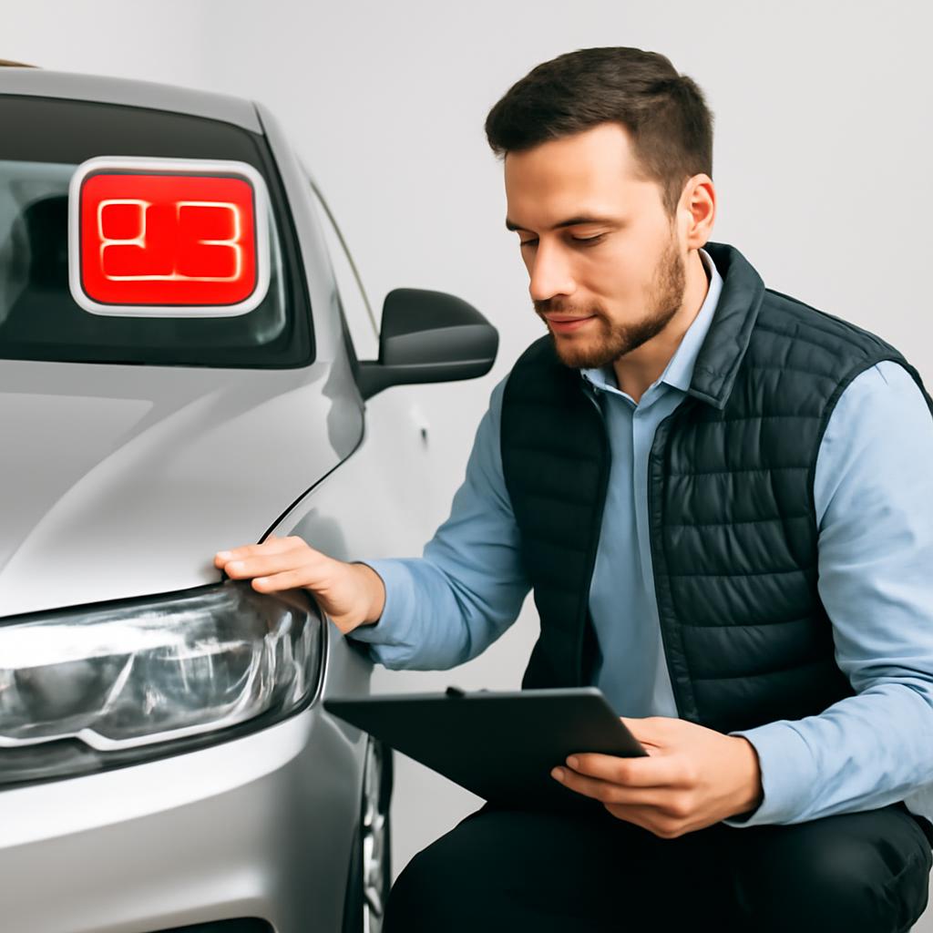 Специалист по выкупу автомобилей осматривает кредитное авто