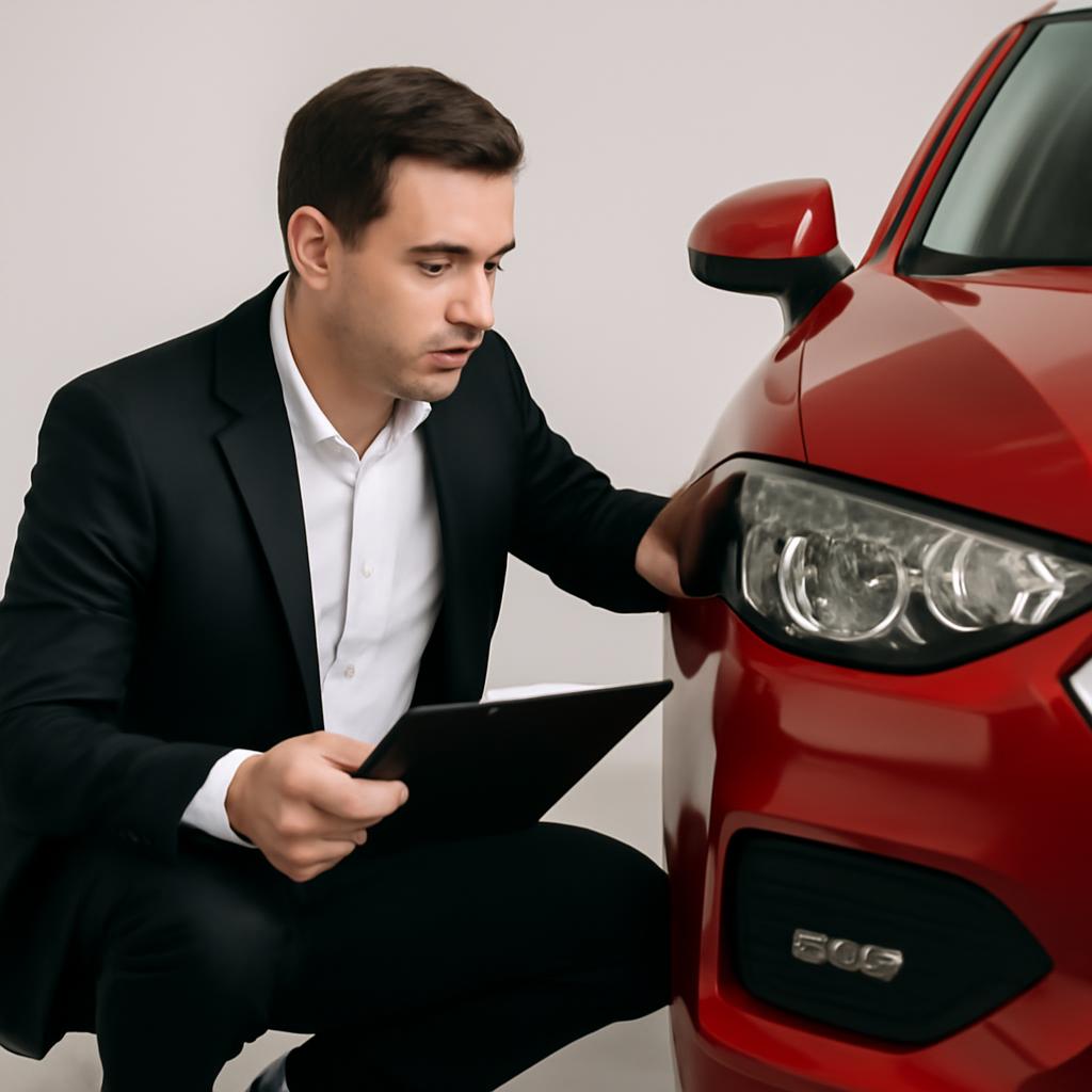 Эксперт осматривает автомобиль перед выкупом