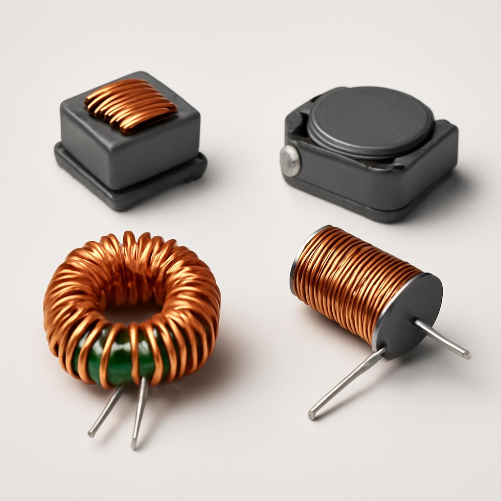 Различные типы катушек индуктивности: тороидальные, цилиндрические, SMD-индукторы.