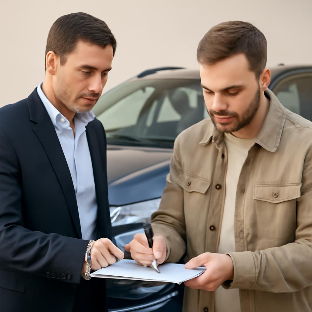 Два человека подписывают договор купли-продажи автомобиля на фоне машины