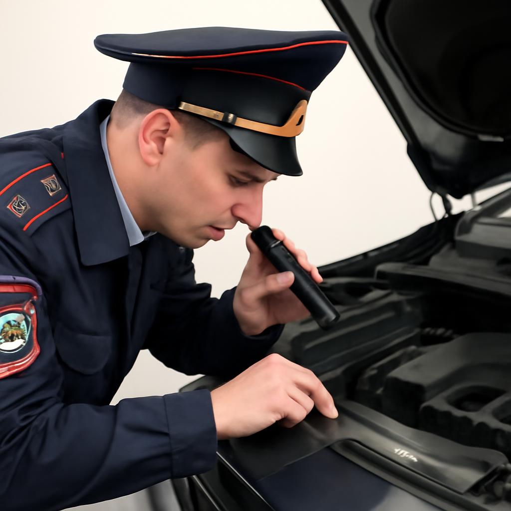 Инспектор ГИБДД сверяет ВИН-номер на автомобиле во время осмотра