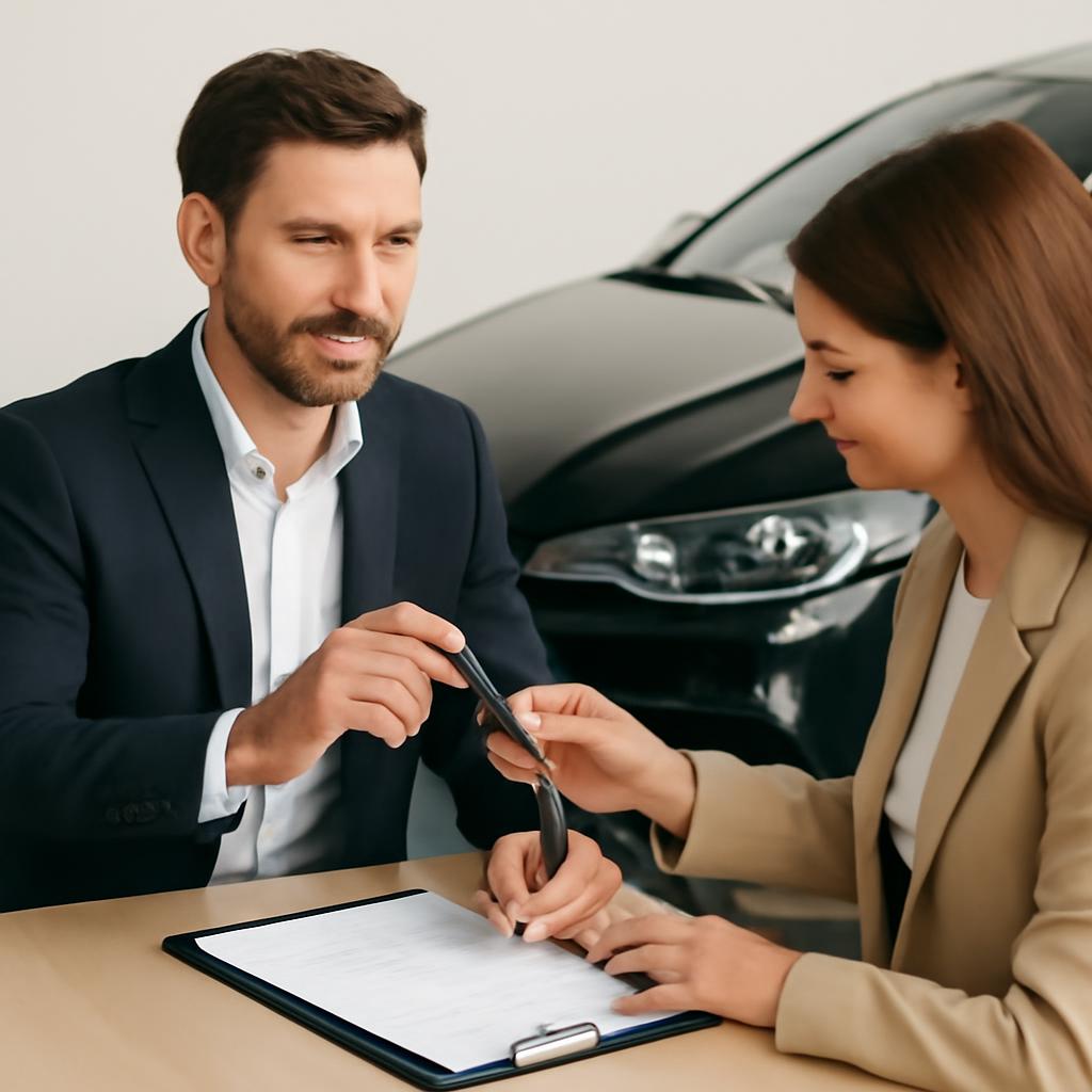 Мужчина и женщина подписывают договор купли-продажи автомобиля, обмениваясь ключами