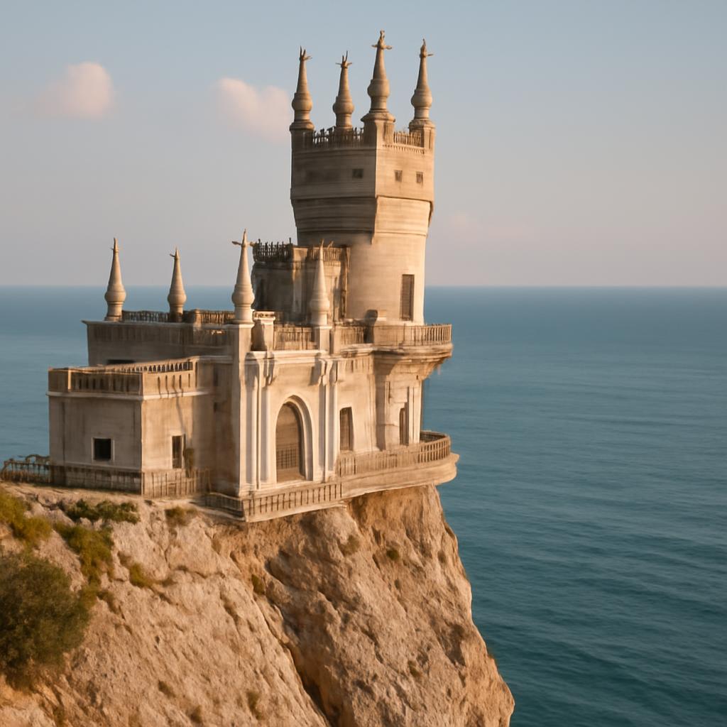 Замок Ласточкино гнездо на отвесной скале над Черным морем в Крыму