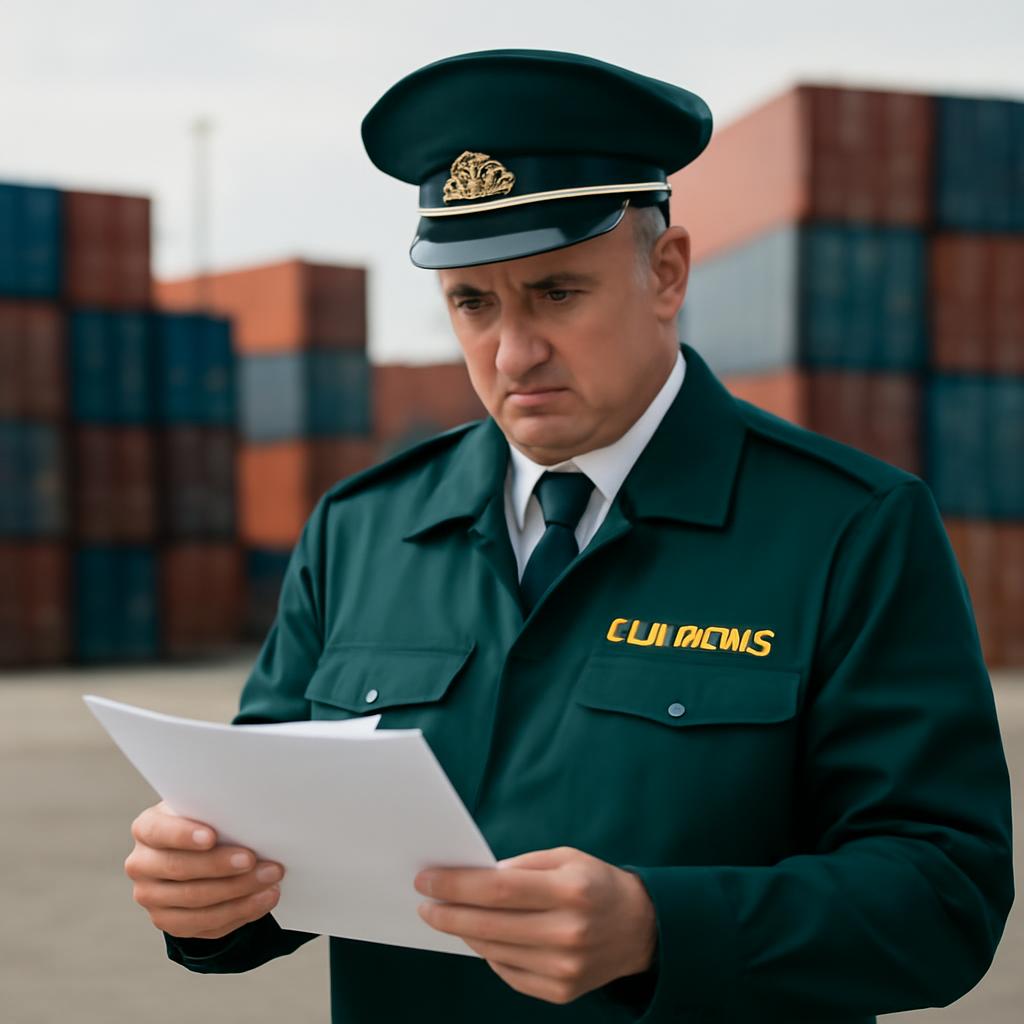 Таможенный инспектор проверяет документы на фоне контейнеров в порту