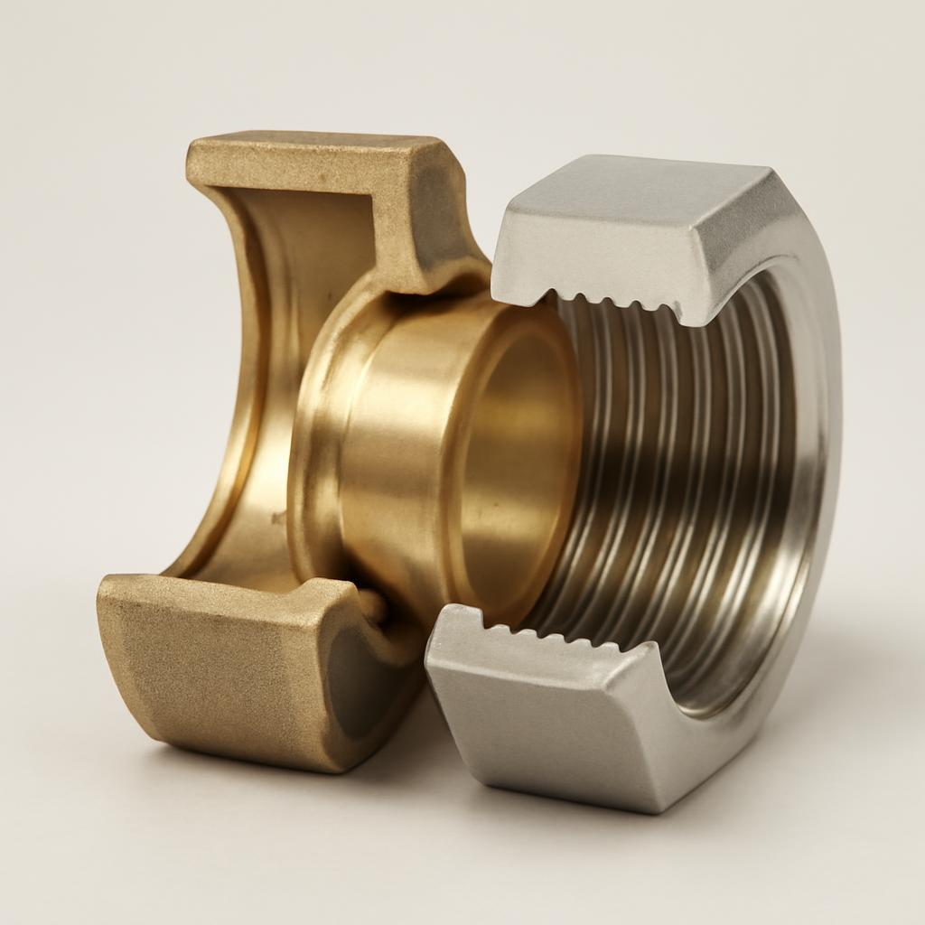 Схема устройства цангового фитинга в разрезе, показывающая корпус, гайку и обжимное кольцо