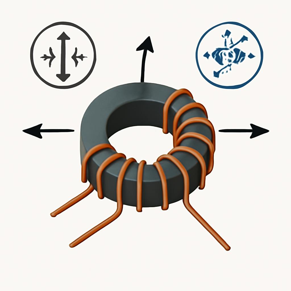 Схематическое изображение сил, вызывающих вибрацию в синфазном дросселе: магнитострикция сердечника и силы Лоренца, действующие на обмотки.