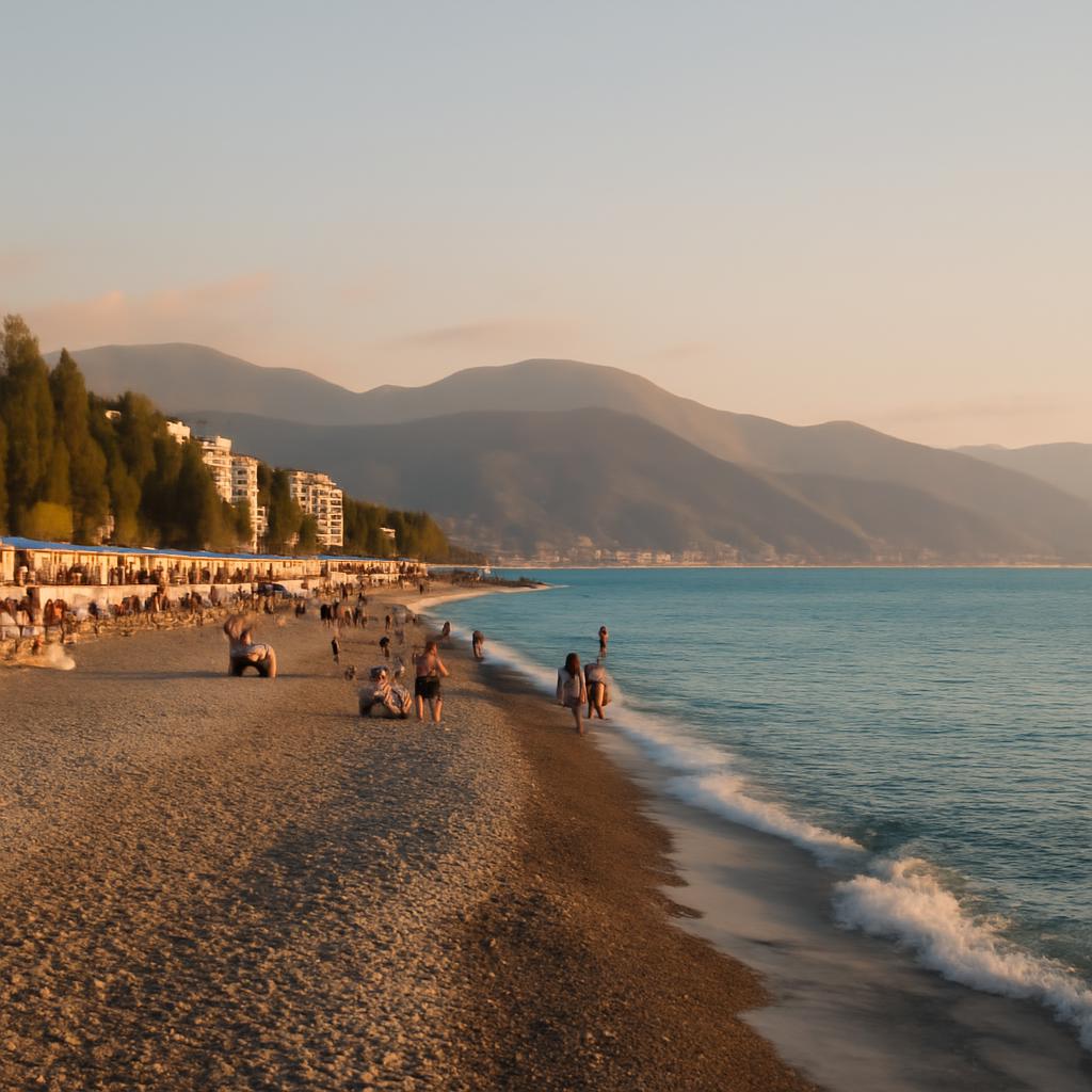 Панорамный вид на пляж в Сочи с видом на море и горы