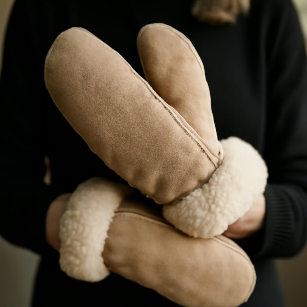 Меховые варежки из овчины на руках женщины