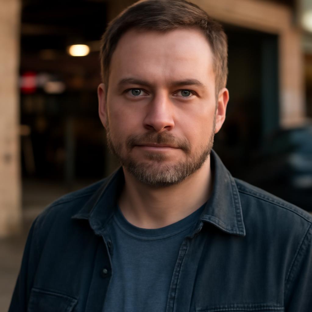 Дмитрий Воронин — портрет автора статьи, фото мужчины средних лет в casual-стиле на фоне автосервиса