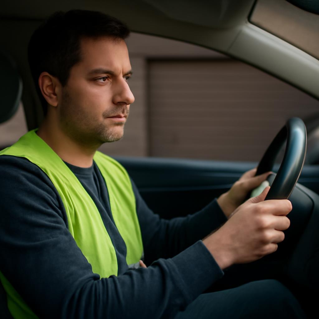 Сергей Волков — фото автоэксперта за рулем в защитном жилете на фоне гаража