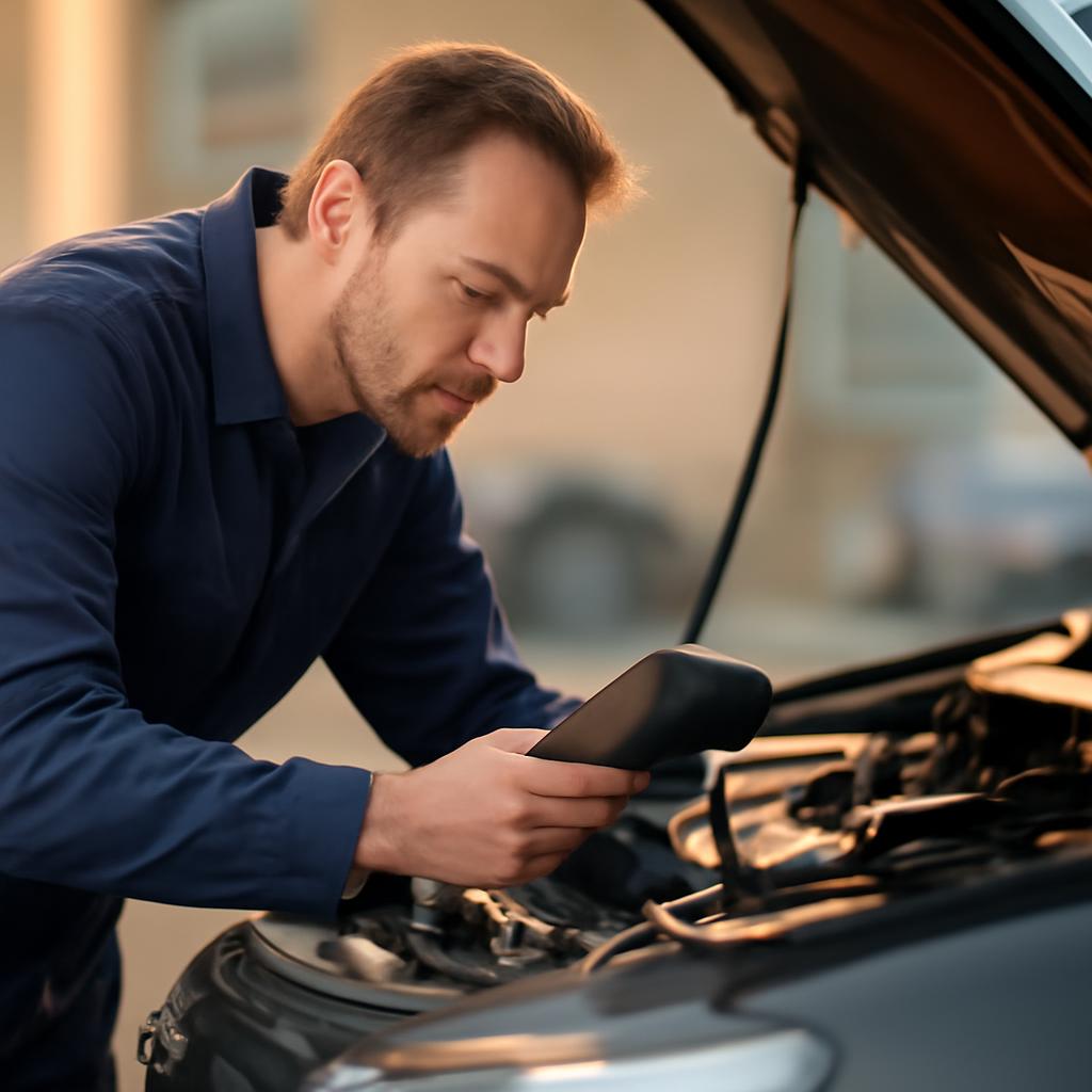 Эксперт проводит техническую диагностику автомобиля с помощью сканера