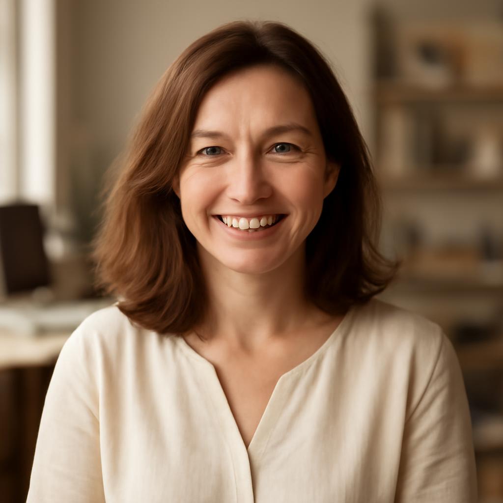 Елена Воробьева — портрет автора статьи, улыбающаяся женщина средних лет в светлой блузке на фоне студии дизайна