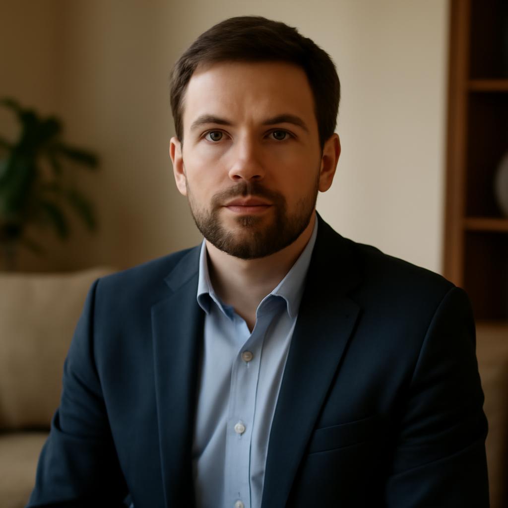 Виктор Лебедев — портрет консультанта в студии с элементами интерьера