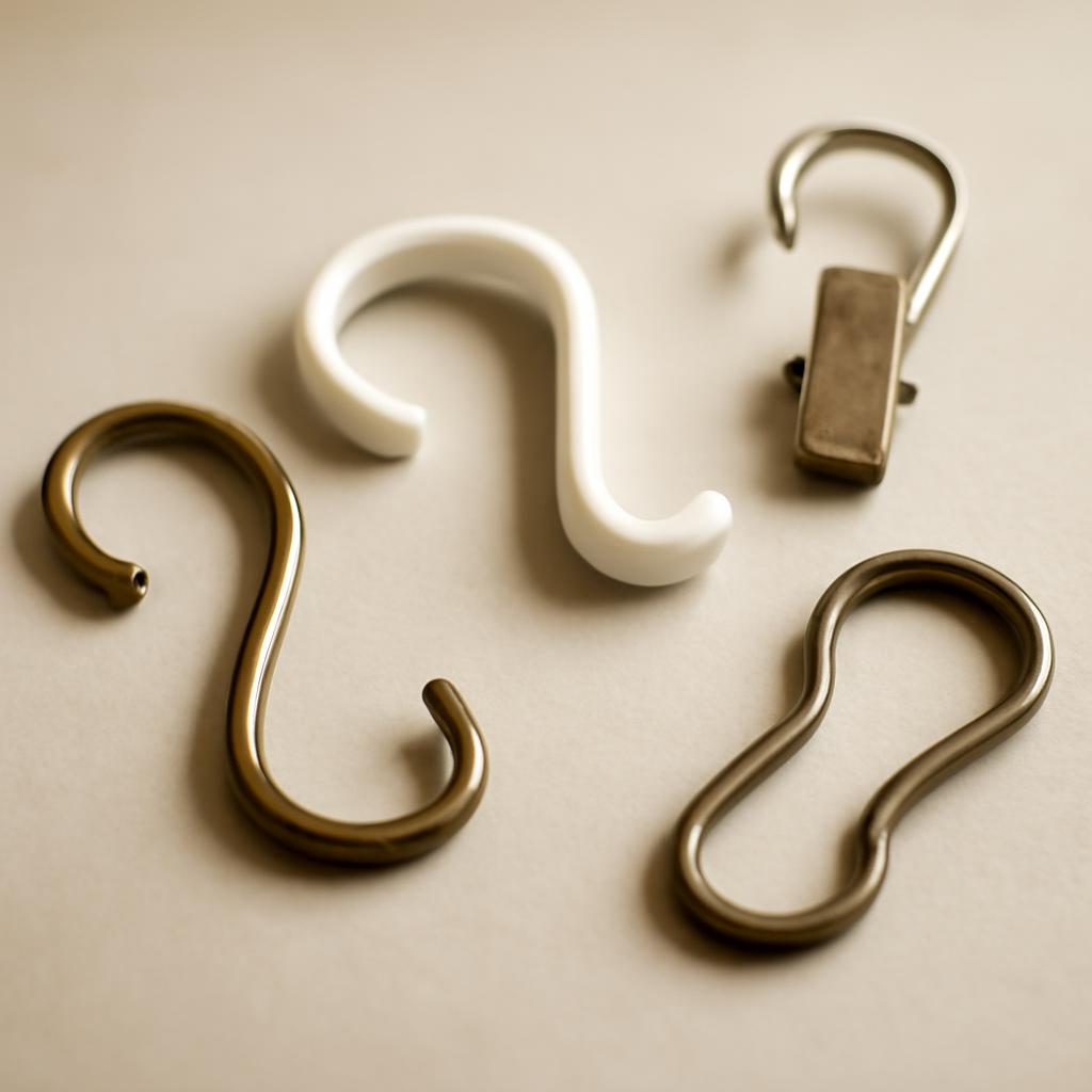 Различные типы крючков для штор на белом фоне