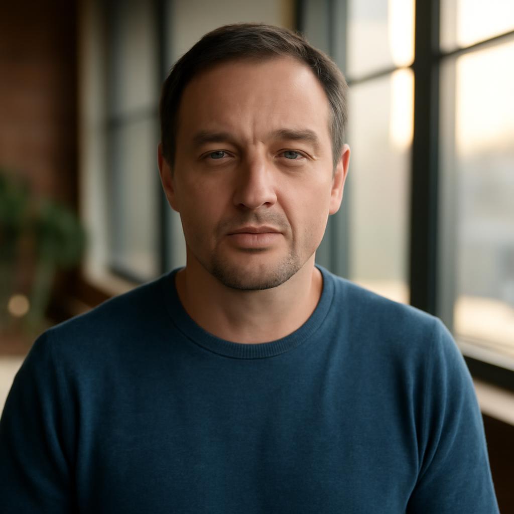 Максим Зайцев — портрет автора статьи, фото мужчины средних лет в casual-стиле на фоне современного интерьера с окнами