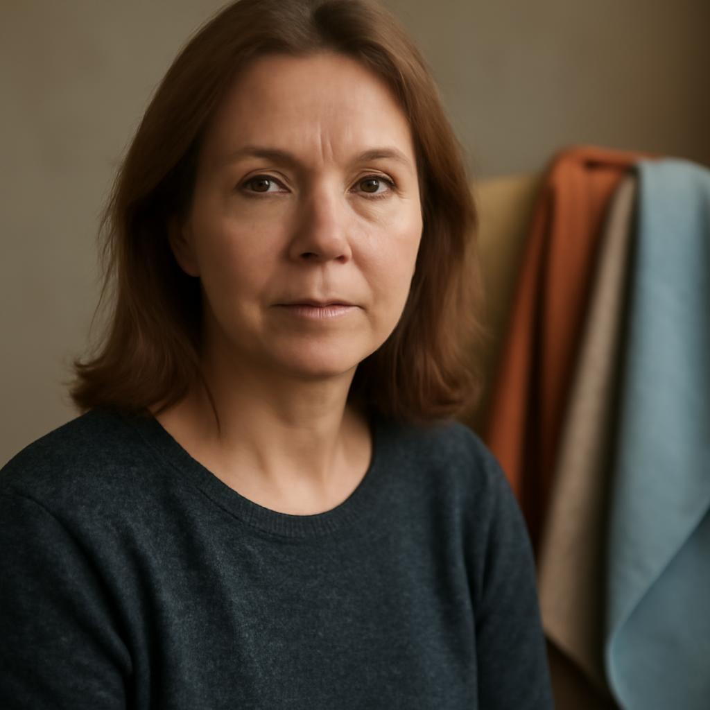 Ольга Воронова — портрет автора в студии с образцами тканей