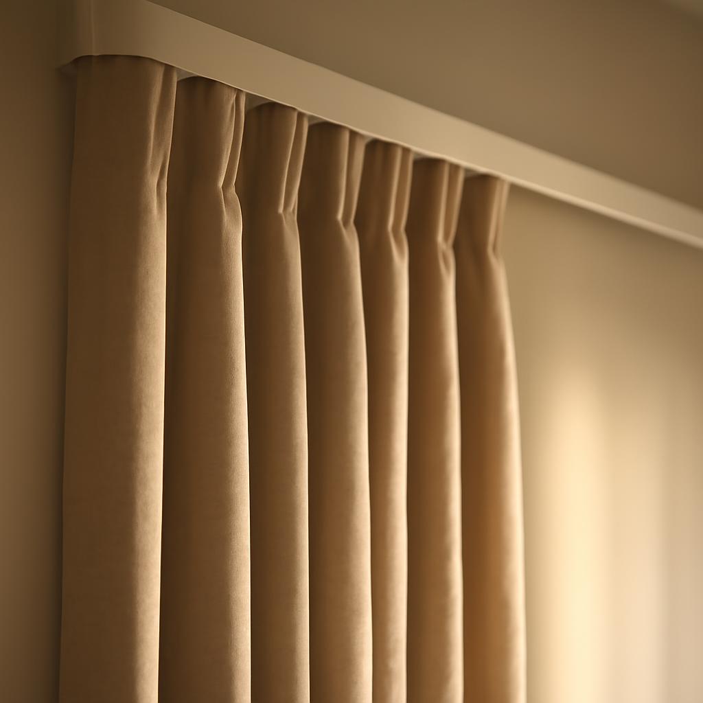 Шторы на ленте, закрепленные на профильном карнизе с равномерными складками