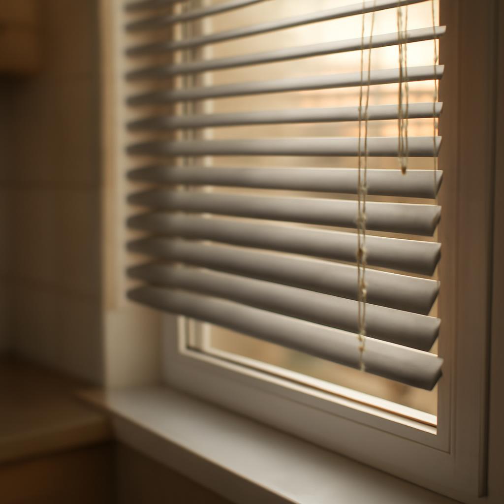 Алюминиевые жалюзи на пластиковом окне в кухне