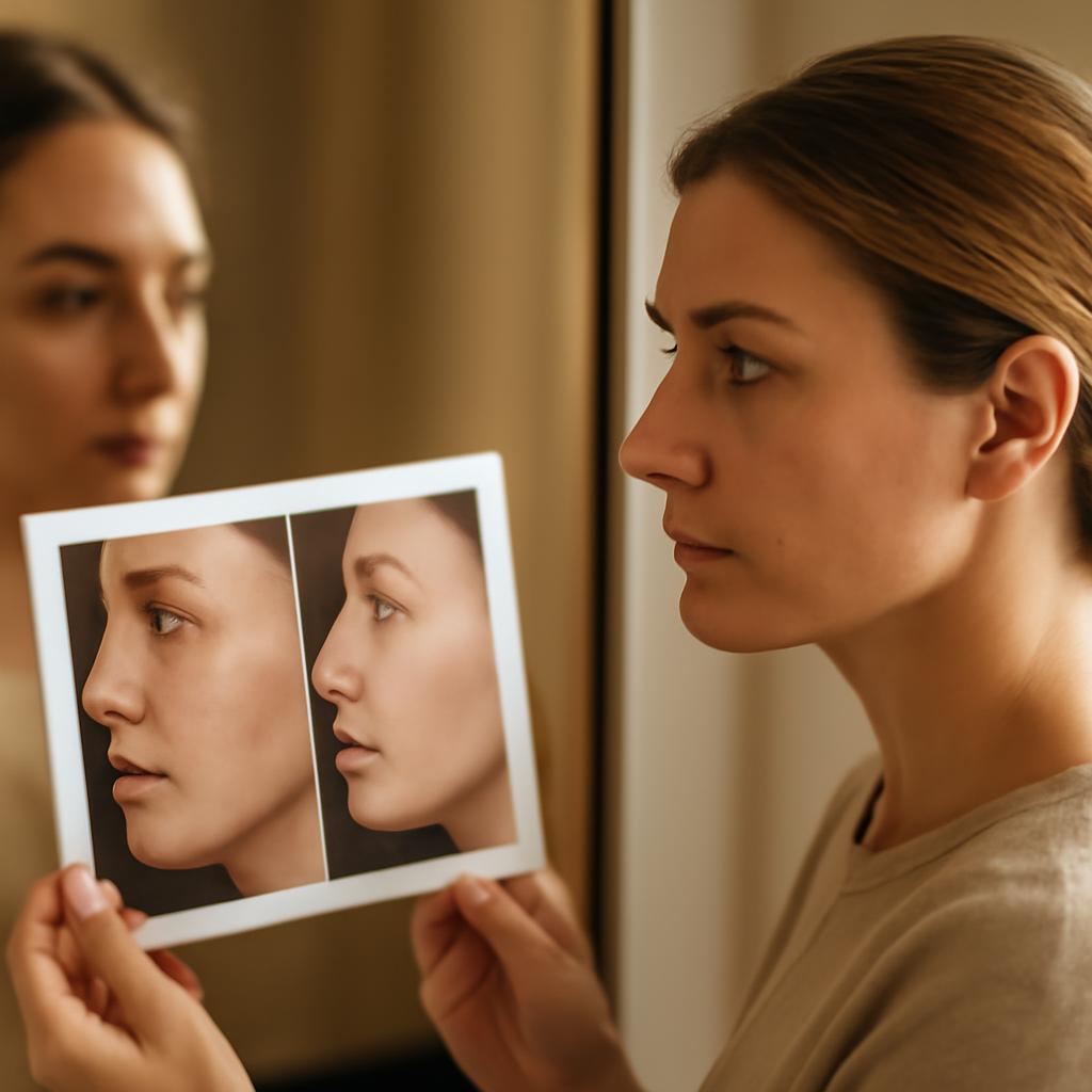 Женщина оценивает эффект мезотерапии в зеркале, сравнивая фото до и после