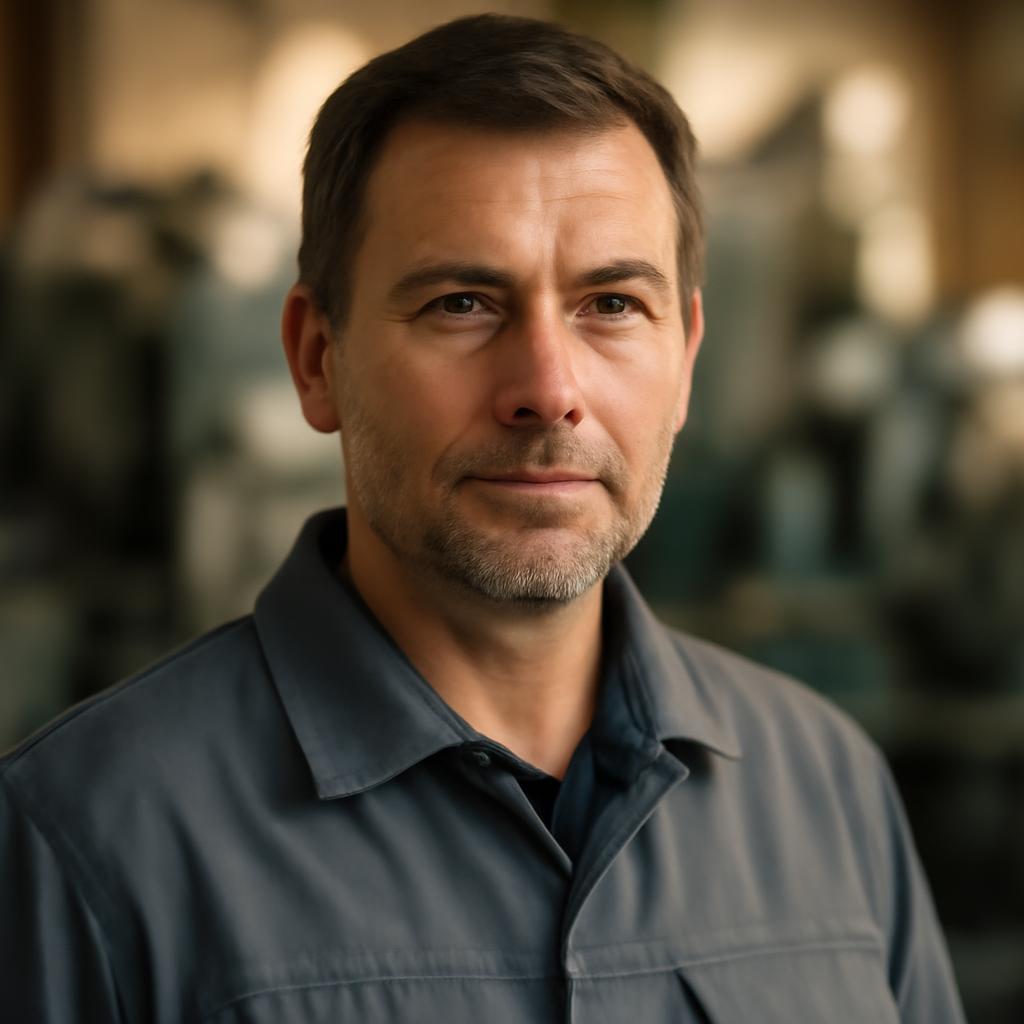 Дмитрий Соколов — портрет инженера средних лет в профессиональной одежде на фоне технического оборудования