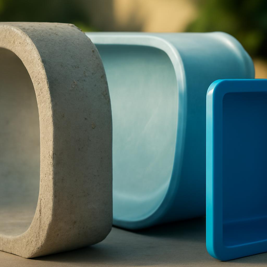 Различные материалы для строительства чаши бассейна: бетон, полипропилен и стеклопластик