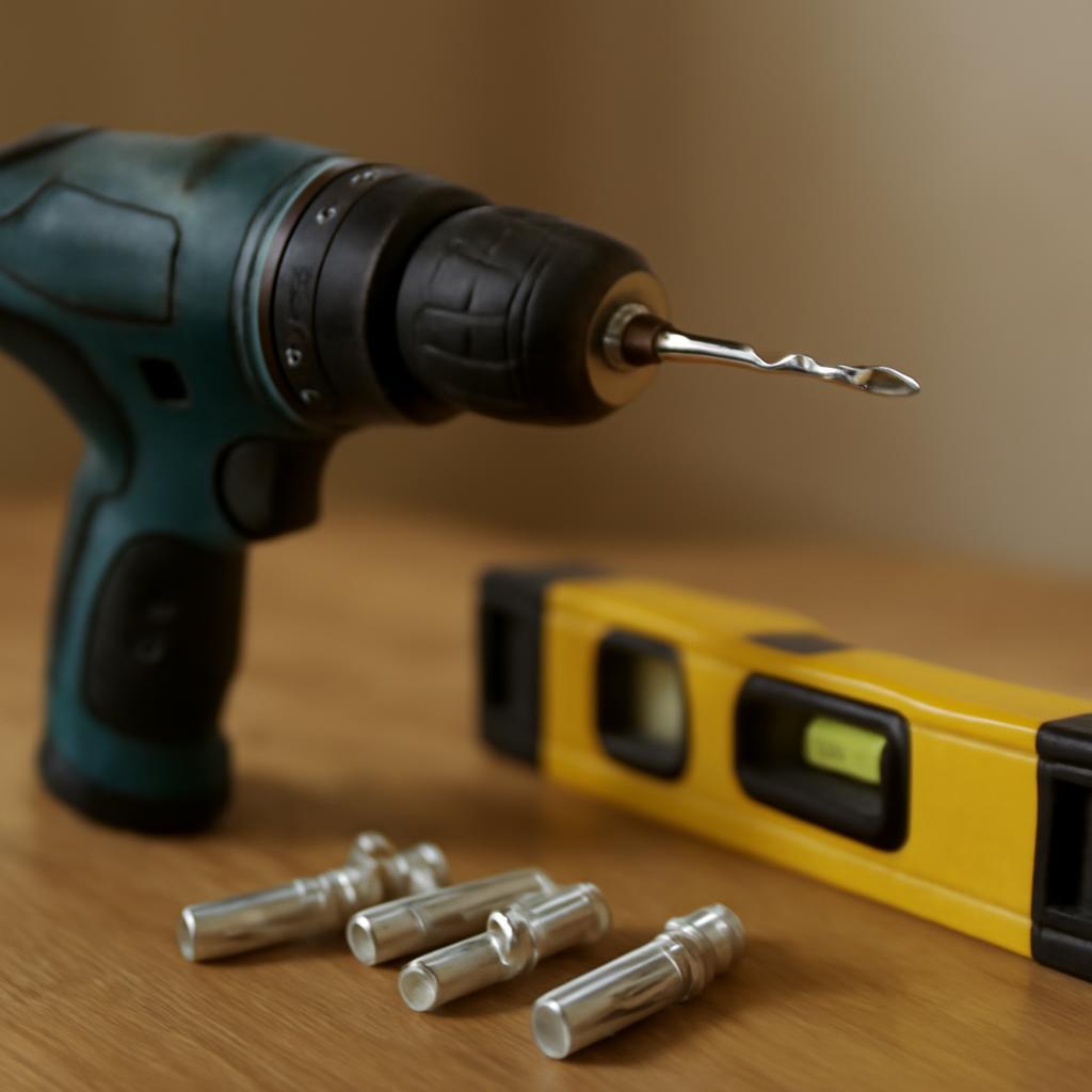 Инструменты для установки карниза: дрель, уровень и дюбели