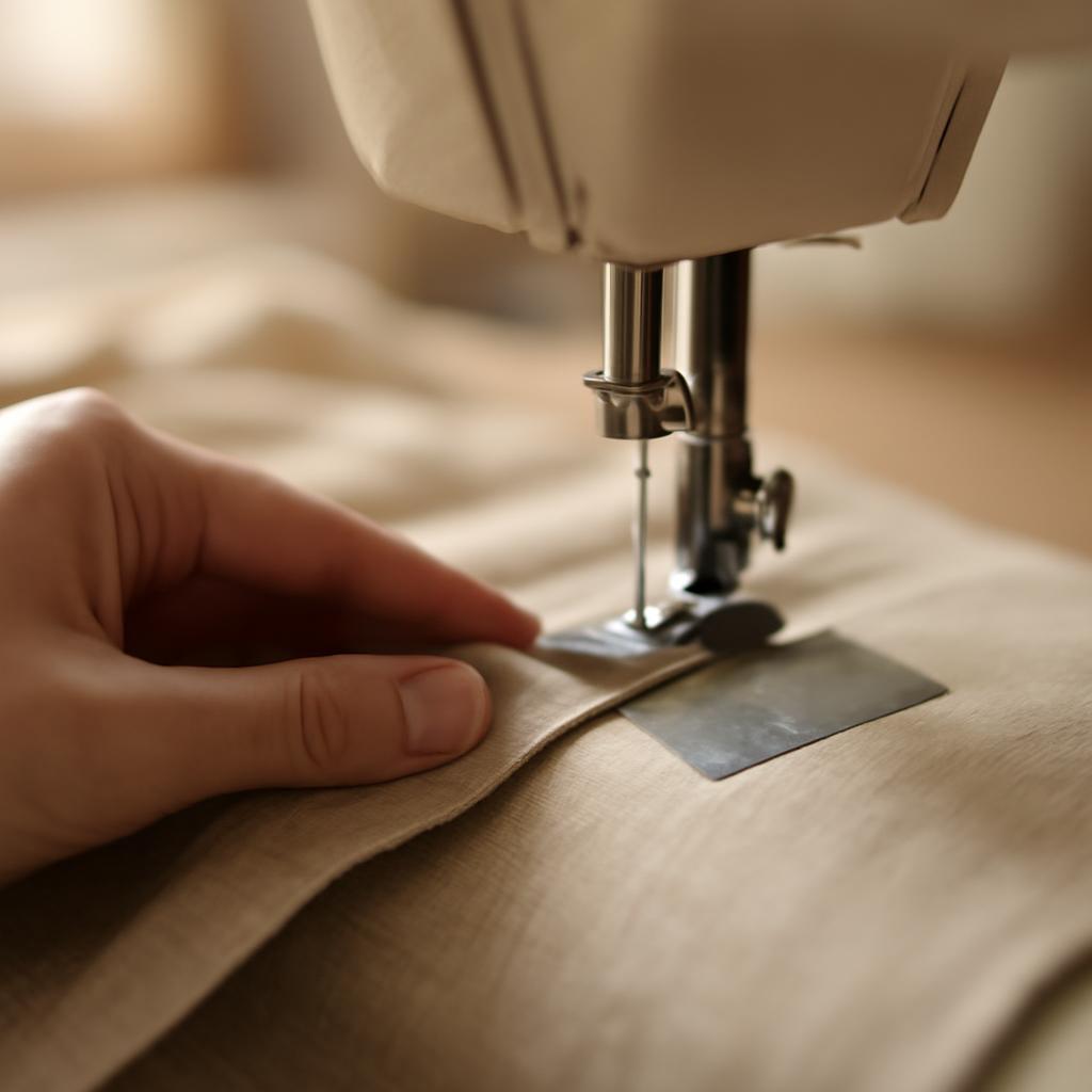 Процесс шитья римских штор на швейной машинке