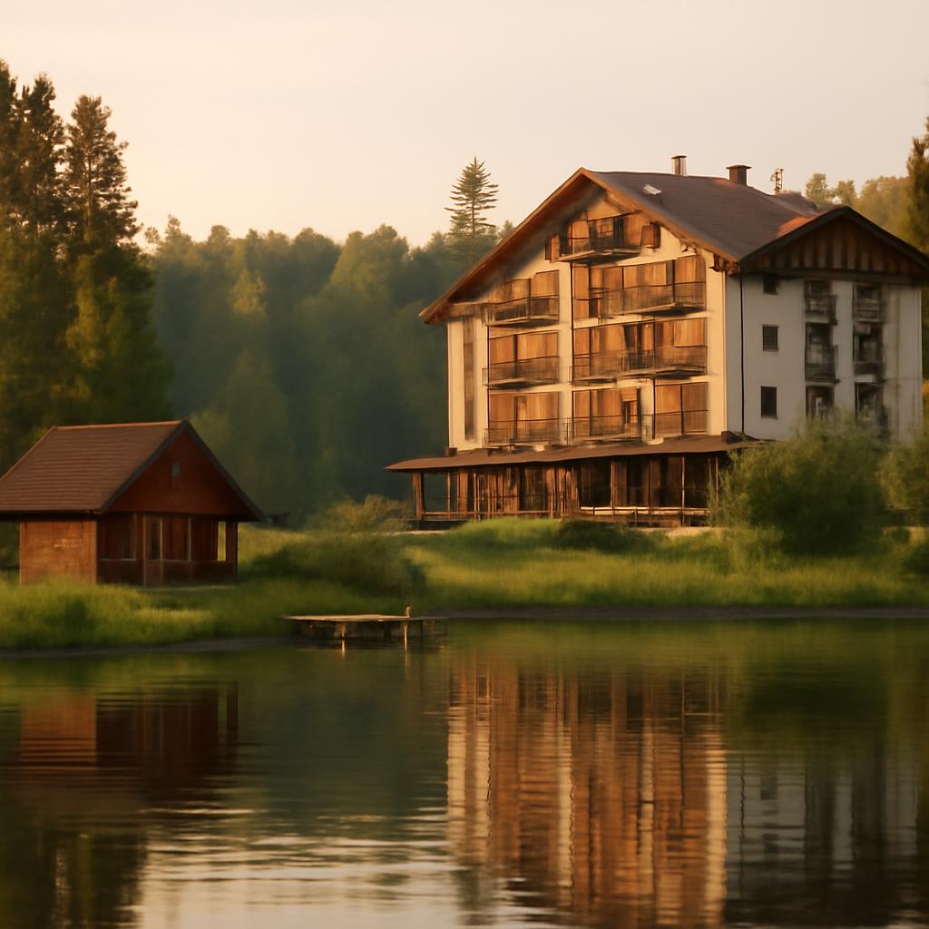 Пейзаж с отелем и базой отдыха на фоне русской природы