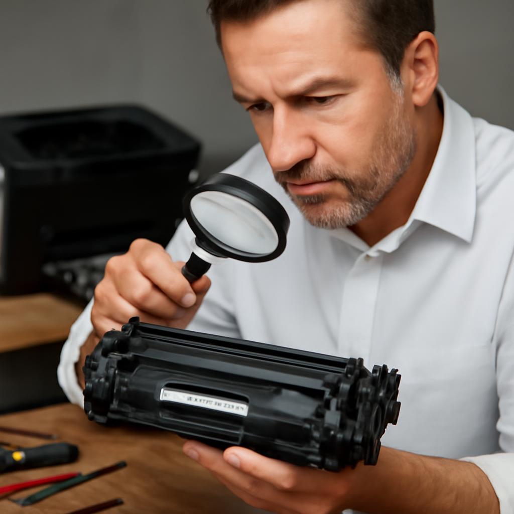 Эксперт проверяет картридж для принтера HP LaserJet P1102