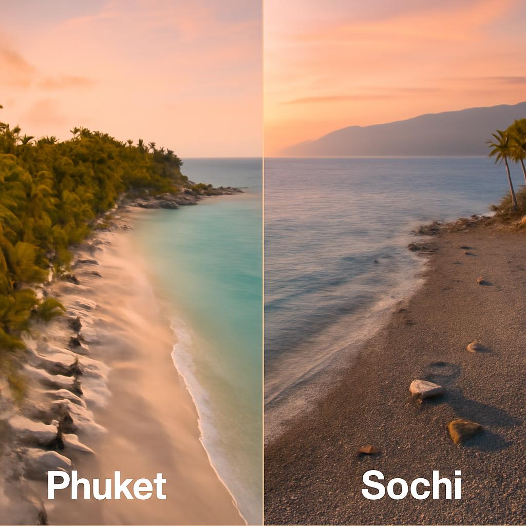 Пляжи Пхукета и Сочи на фоне моря
