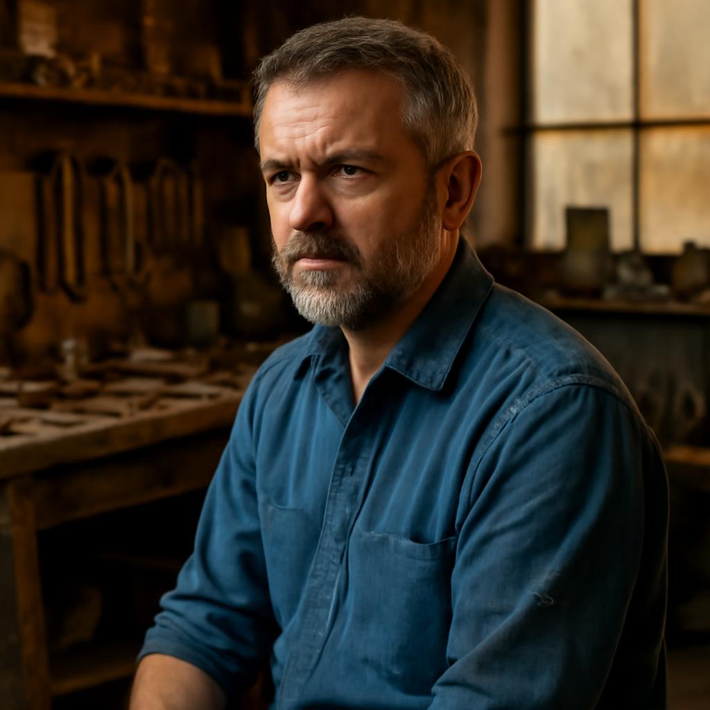 Виктор Соколов — портрет автора статьи, мужчина средних лет в рабочей одежде на фоне мастерской с инструментами