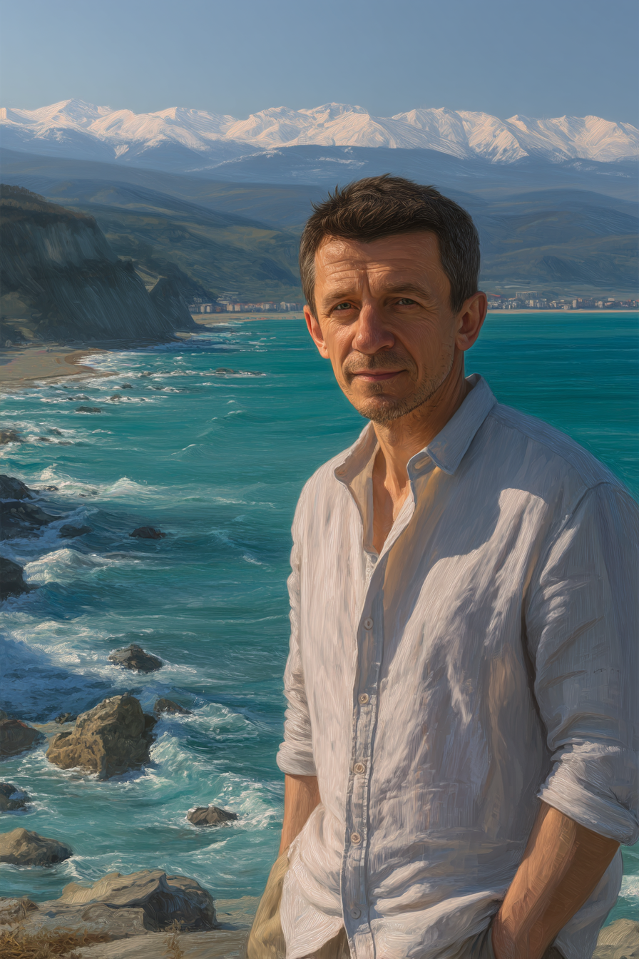 Дмитрий Ковалев — реалистичный портрет автора в casual одежде на фоне моря и гор Сочи