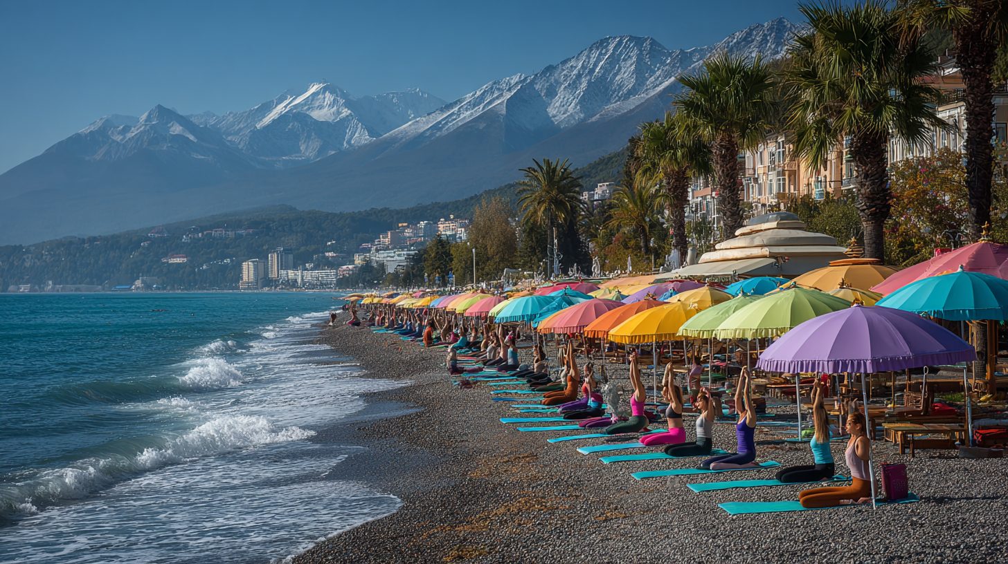 Занятия пилатесом на пляже в Сочи во время курортного отдыха