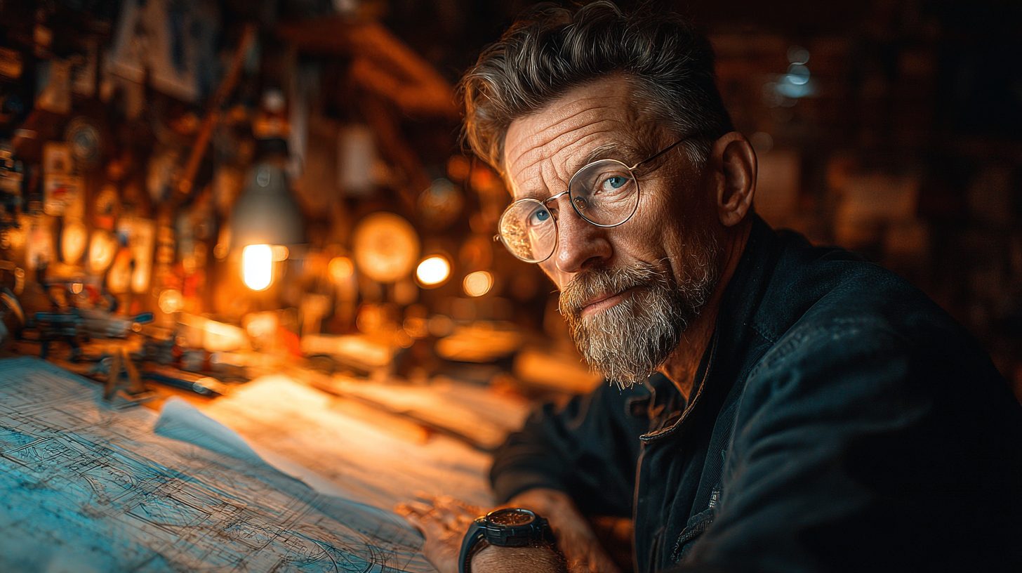 Сергей Волков — портрет инженера в рабочем кабинете с чертежами оборудования