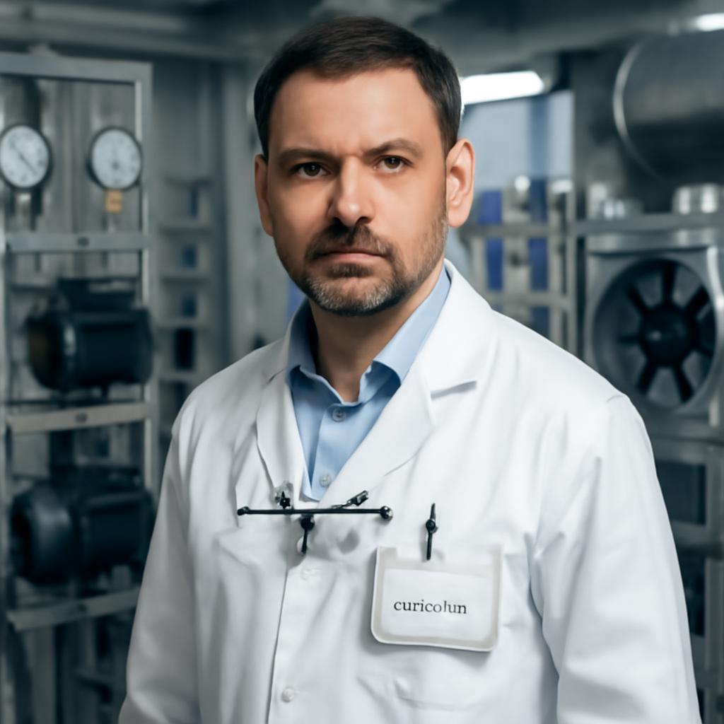 Сергей Козлов — профессиональное фото инженера в лабораторной одежде на фоне оборудования для тестирования вентиляторов