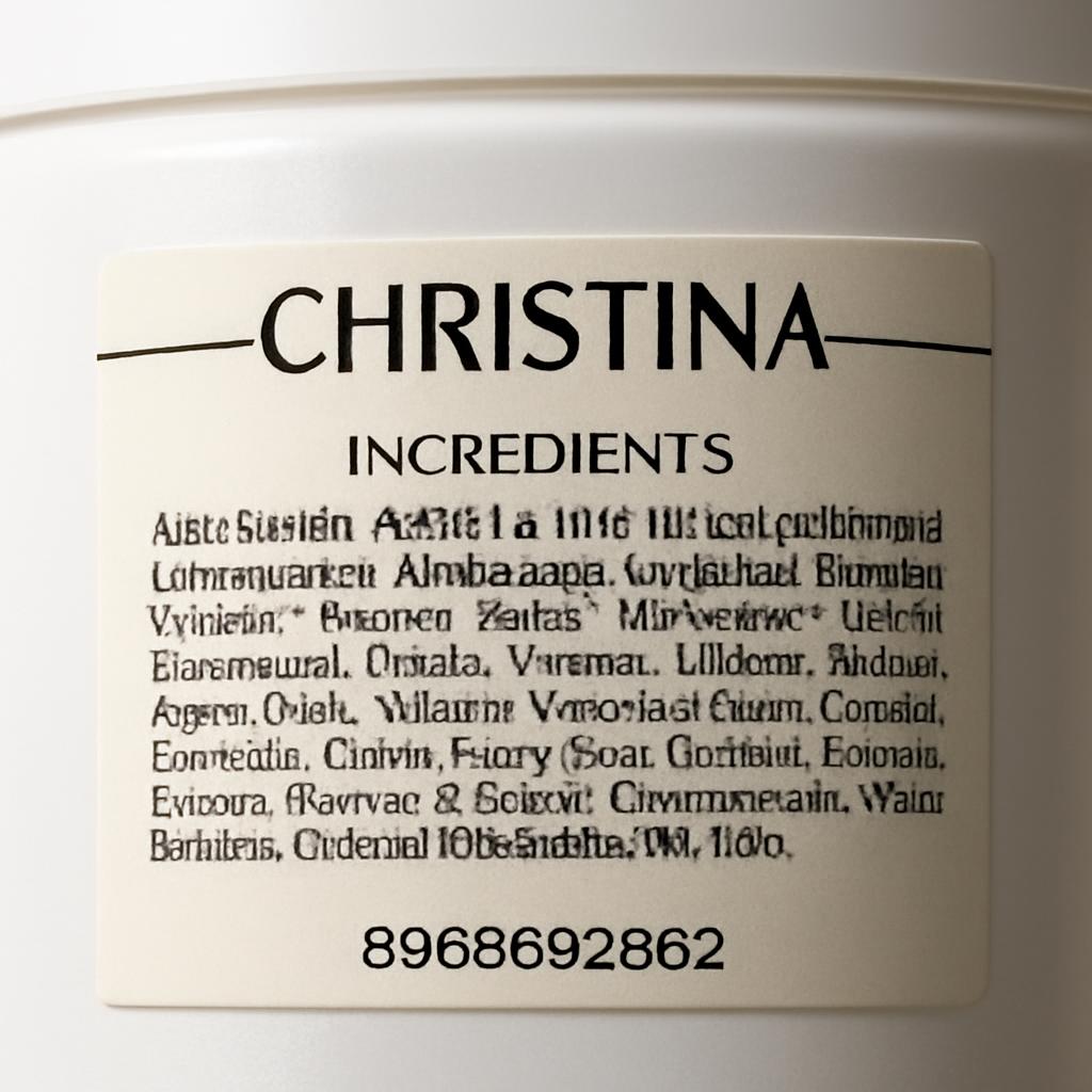 Этикетка оригинальной косметики Christina с составом и серийным номером