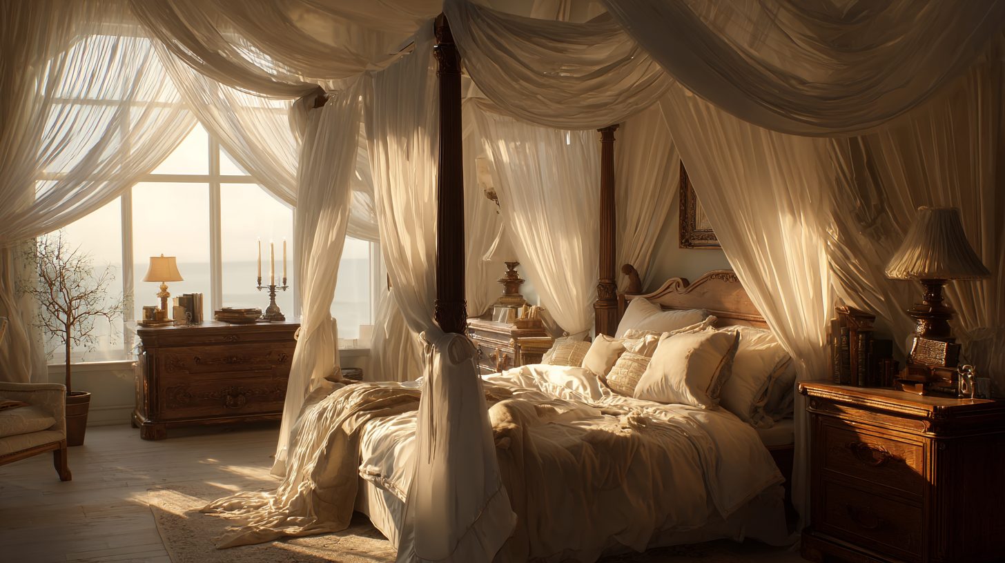 Тканевый балдахин над кроватью в спальне