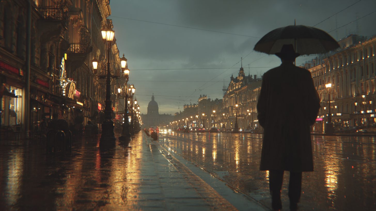 Фотореалистичное изображение дождливого вечера в Санкт-Петербурге, общий план городской улицы у Невского проспекта, с человеком средних лет