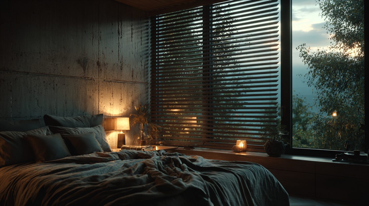 Горизонтальные жалюзи блэкаут в спальне с затемненными ламелями