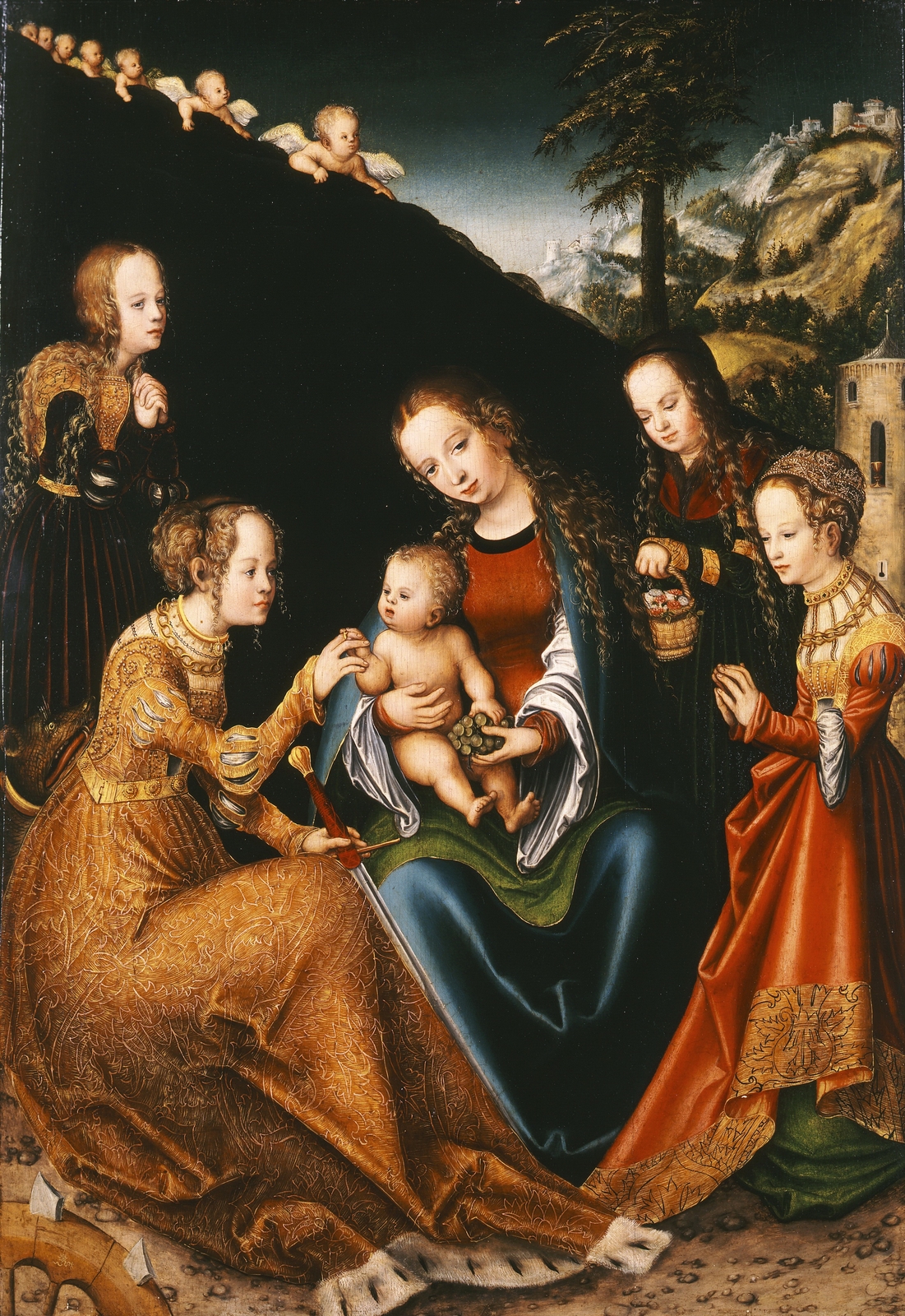 13Мистический брак св.Екатерины в окруж свв.Доротеи, Маргариты и Варвары (Mystical marriage of St. Catherine)_1516-18_67.5 х 47.3_д.,м._Будапешт, Музей искусс?.jpg